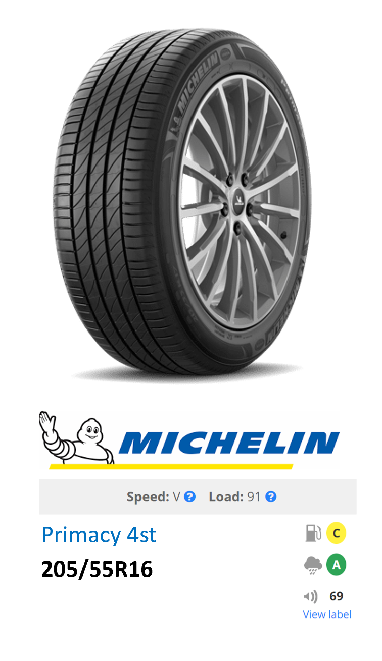 ยาง Michelin Primacy 4st ขนาด 205/55R16 Speed V Load 91 ประหยัดพลังงานระดับ C ยึดเกาะถนนเปียกระดับ A เสียง 69 dB