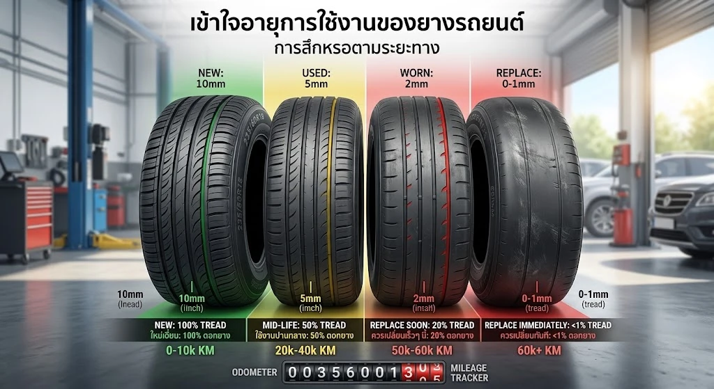 อินโฟกราฟิกการสึกหรอของยางตามระยะทาง: ยางใหม่ ดอกยาง 100%, ใช้งานปานกลาง 50%, ควรเปลี่ยนเร็วๆ นี้ 20% และควรเปลี่ยนทันทีเมื่อดอกยางเหลือน้อยกว่า 1%